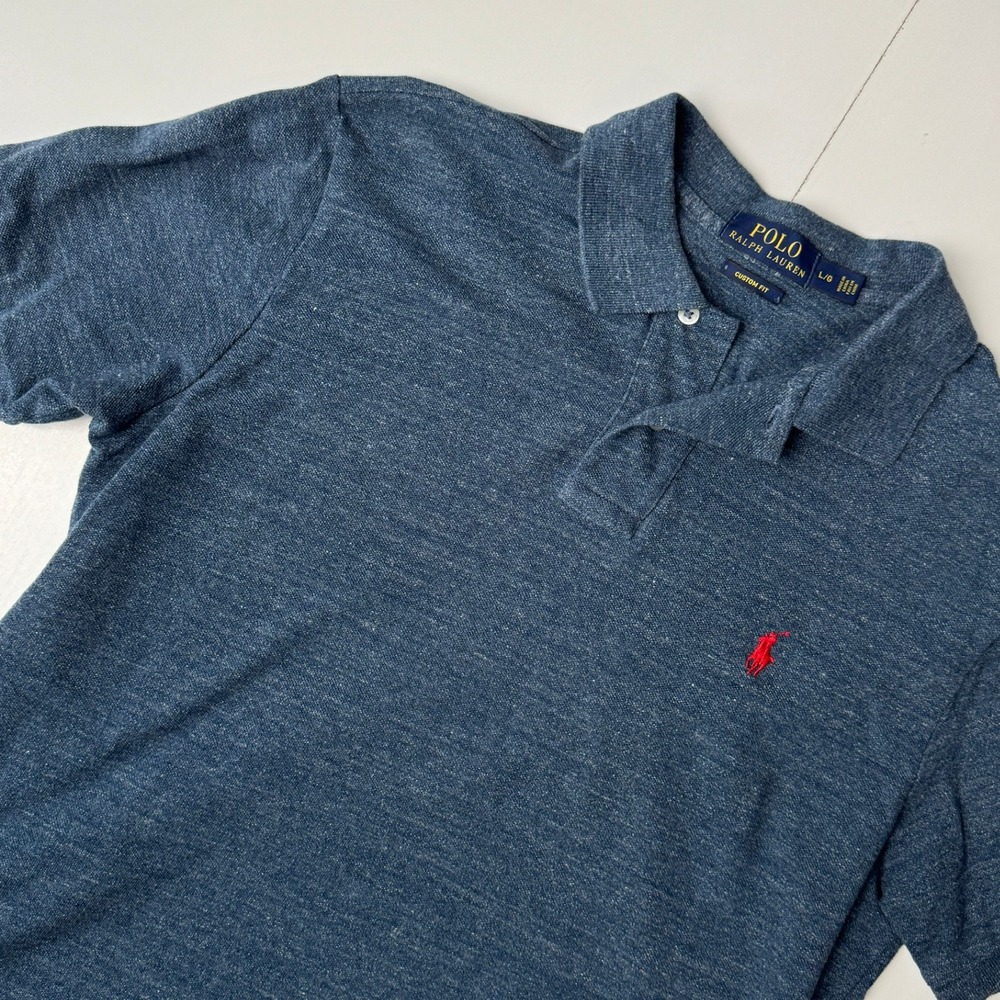 Polo Ralph Lauren Mens Custom Fit Heathered Blue Polo Shirt Red Pony Large
